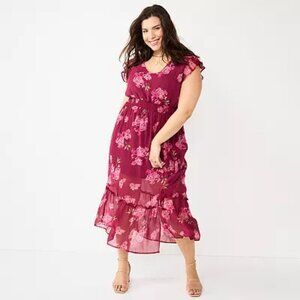 Women's Burgundy Tiered Floral V Neck Smocked Waist MiDI Dress  Cottagecore